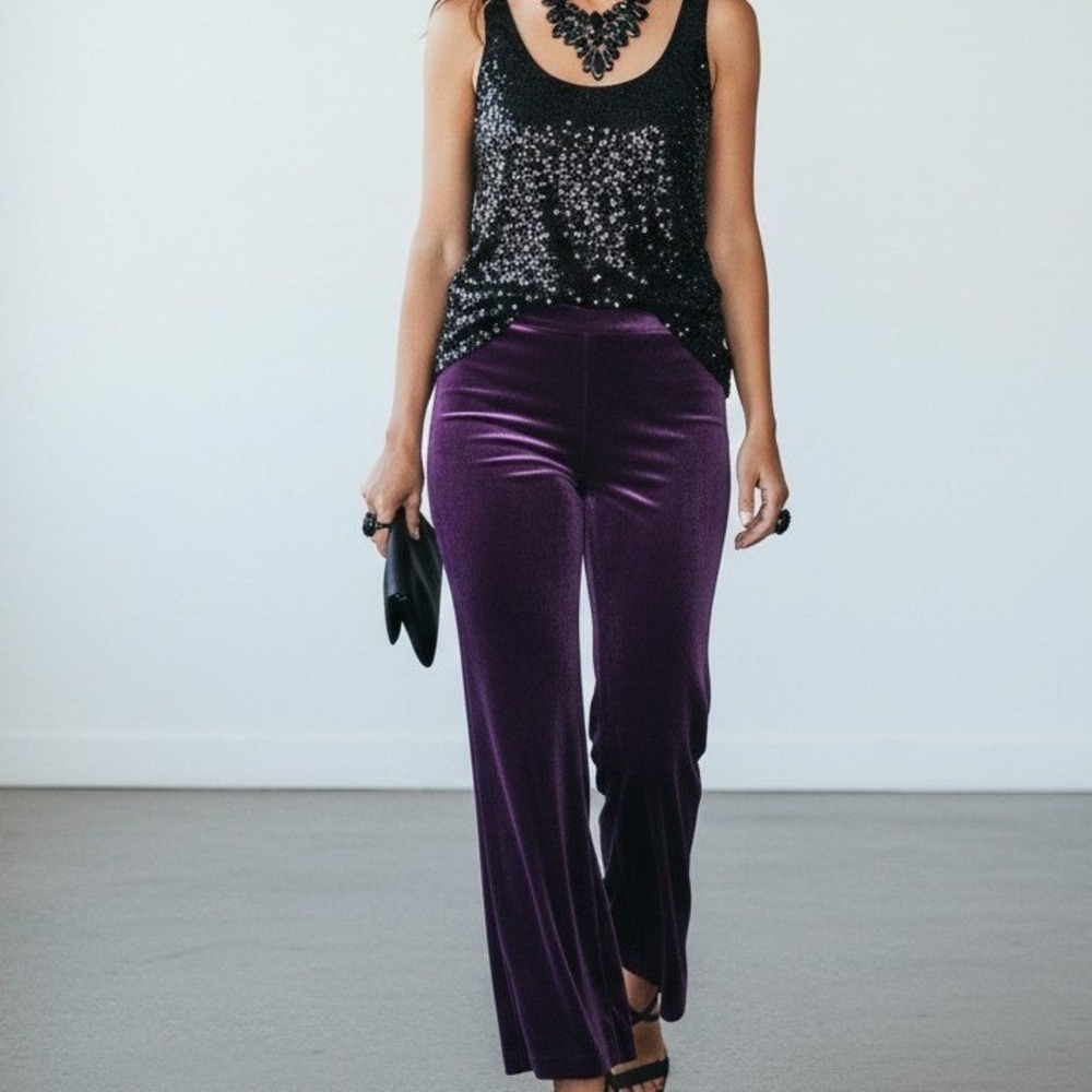 Draper James Purple Velvet Straight Leg Pants Elastic Waist Plum Trousers Medium